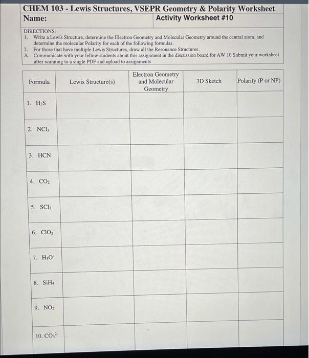 Chem 103 Lewis Structures Vsepr Geometry Polarity Worksheet Name Activity Worksheet 10 Directions 1 Write A L 1