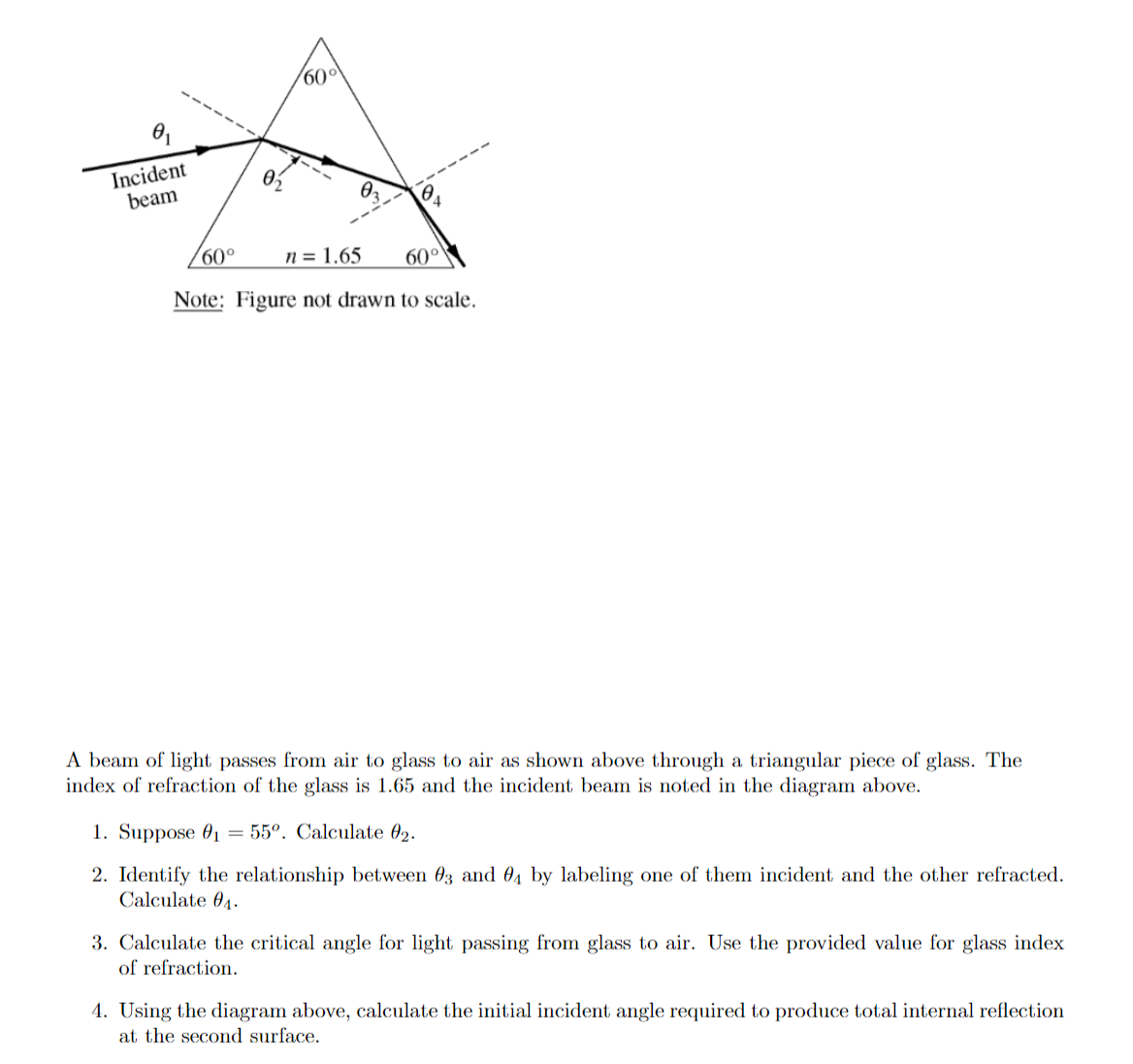 0 Incident Beam 60 0 60 N 1 65 60 Note Figure Not Drawn To Scale A Beam Of Light Passes From Air To Glass To Ai 1