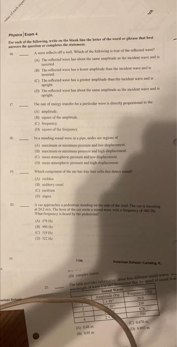 Value Of Each Exped 19 Physics Exam 4 For Each Of The Following Write On The Blank Line The Letter Of The Word Or Phras 1
