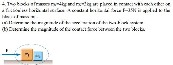 4 Two Blocks Of Masses M 4kg And M2 3kg Are Placed In Contact With Each Other On A Frictionless Horizontal Surface A 1