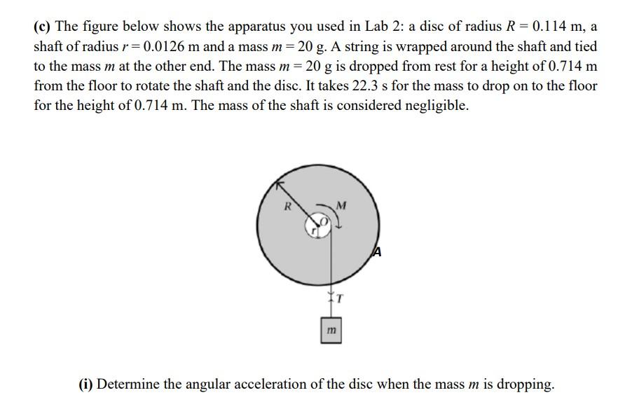 C The Figure Below Shows The Apparatus You Used In Lab 2 A Disc Of Radius R 0 114 M A Shaft Of Radius R 0 0126 M A 1