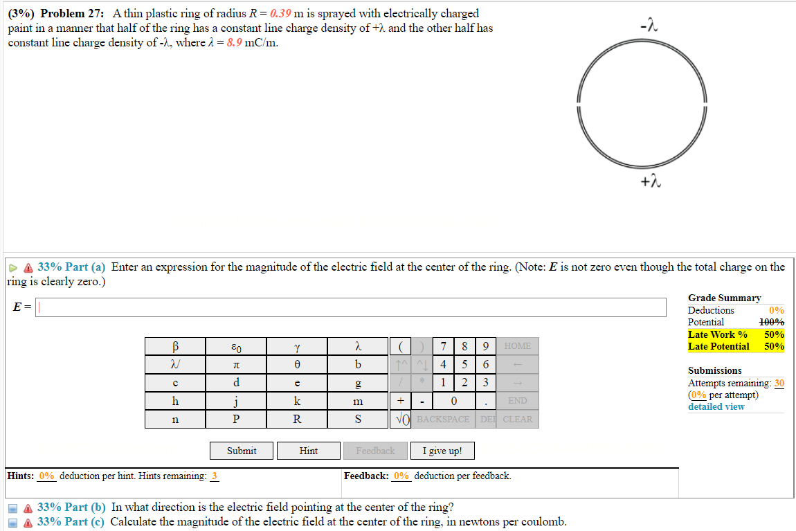 3 Problem 27 A Thin Plastic Ring Of Radius R 0 39 M Is Sprayed With Electrically Charged Paint In A Manner That Ha 1
