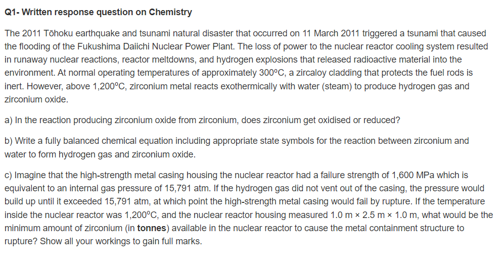 Q1 Written Response Question On Chemistry The 2011 Tohoku Earthquake And Tsunami Natural Disaster That Occurred On 11 M 1