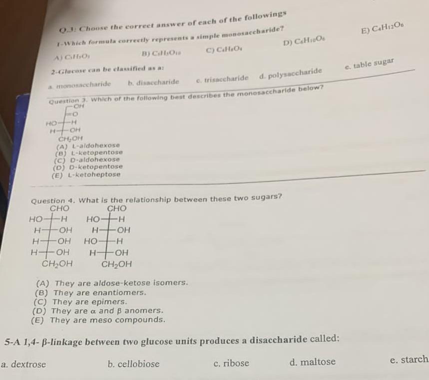 Q 3 Choose The Correct Answer Of Each Of The Followings I Which Formula Correctly Represents A Simple Monosaccharide A 1