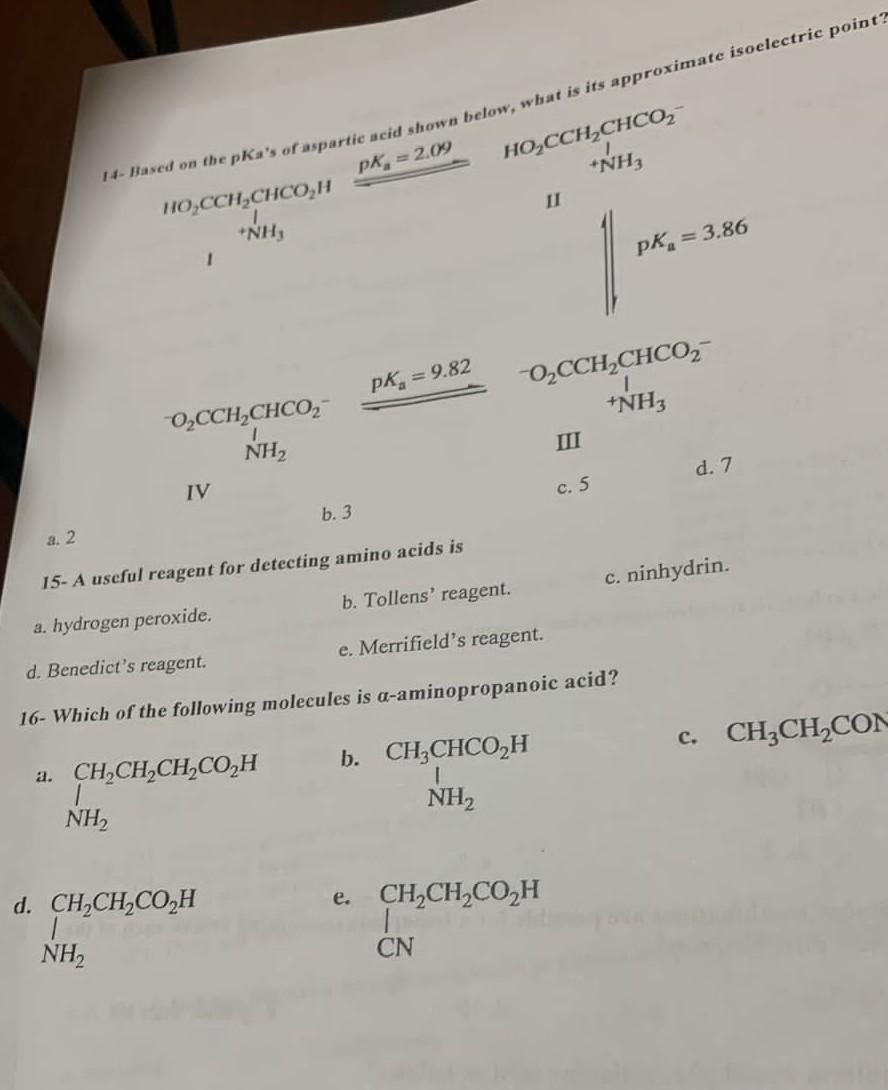 14 Based On The Pka S Of Aspartic Acid Shown Below What Is Its Approximate Isoelectric Point Pk 2 09 Ho Cch Chco N 1