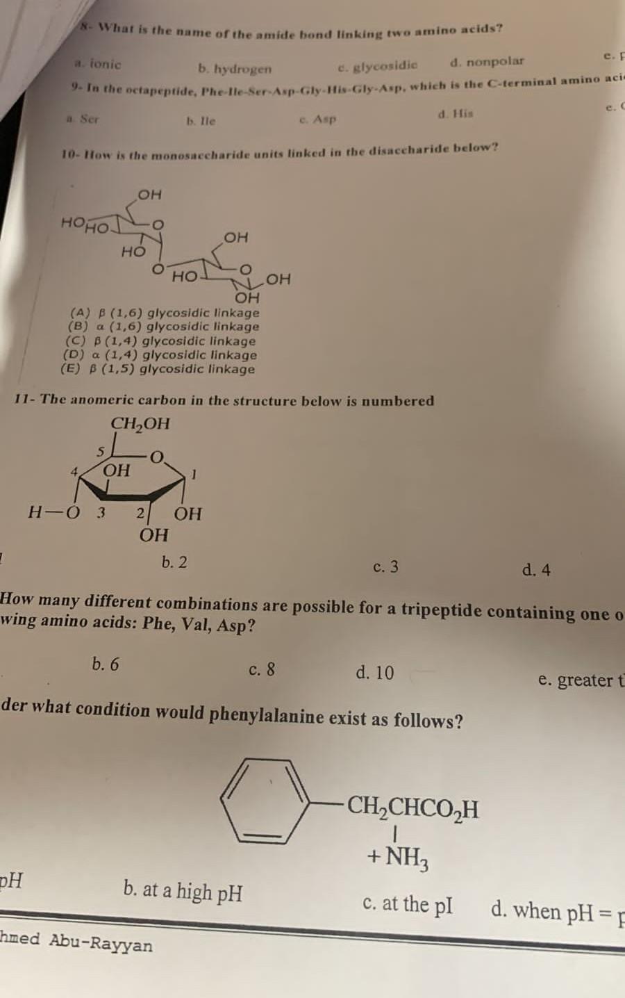 8 What Is The Name Of The Amide Bond Linking Two Amino Acids E F A Ionic D Nonpolar B Hydrogen C Glycosidic 9 In 1