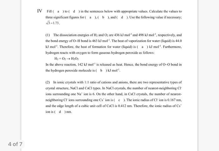 4 Of 7 Iv Fill A To D In The Sentences Below With Appropriate Values Calculate The Values To Three Significant Fig 1