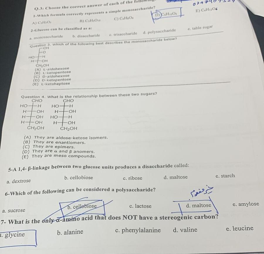 Q 3 Choose The Correct Answer Of Each Of The Fo 1 Which Formula Correctly Represents A Simple Monosaccharide Csh10os C 1