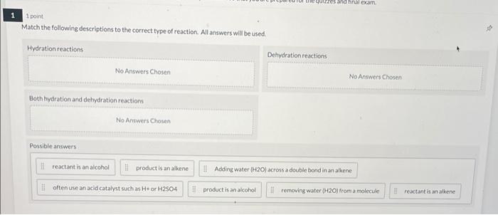 1 1 Point Match The Following Descriptions To The Correct Type Of Reaction All Answers Will Be Used Hydration Reaction 1