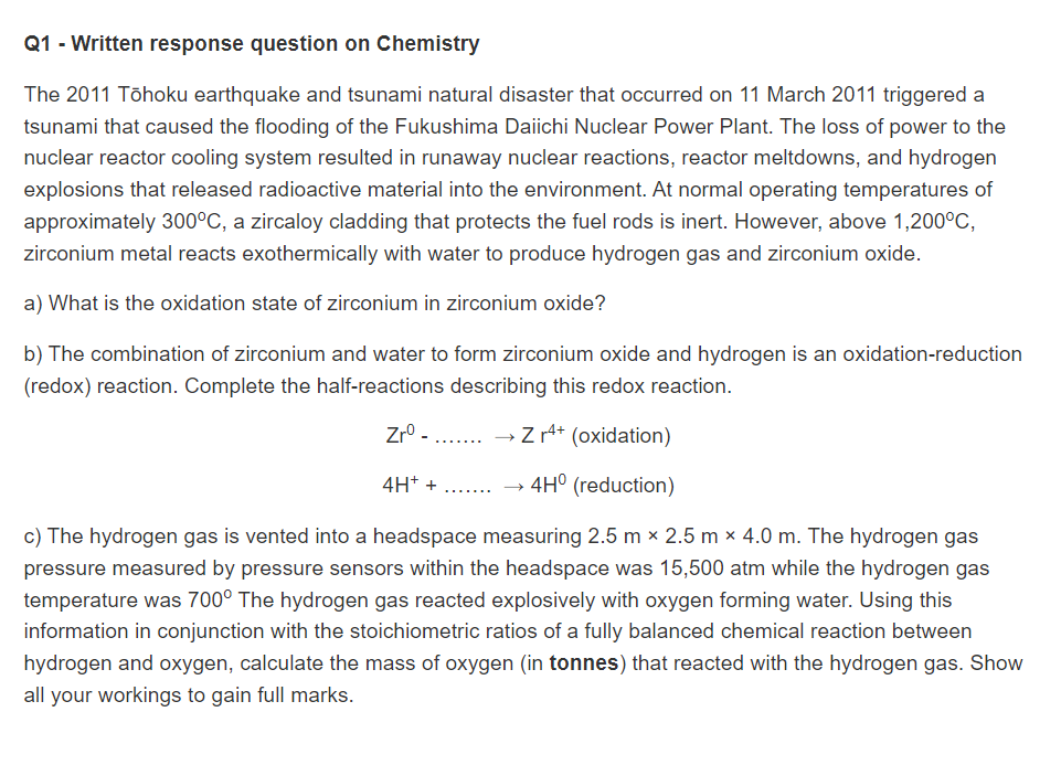 Q1 Written Response Question On Chemistry The 2011 Tohoku Earthquake And Tsunami Natural Disaster That Occurred On 11 1