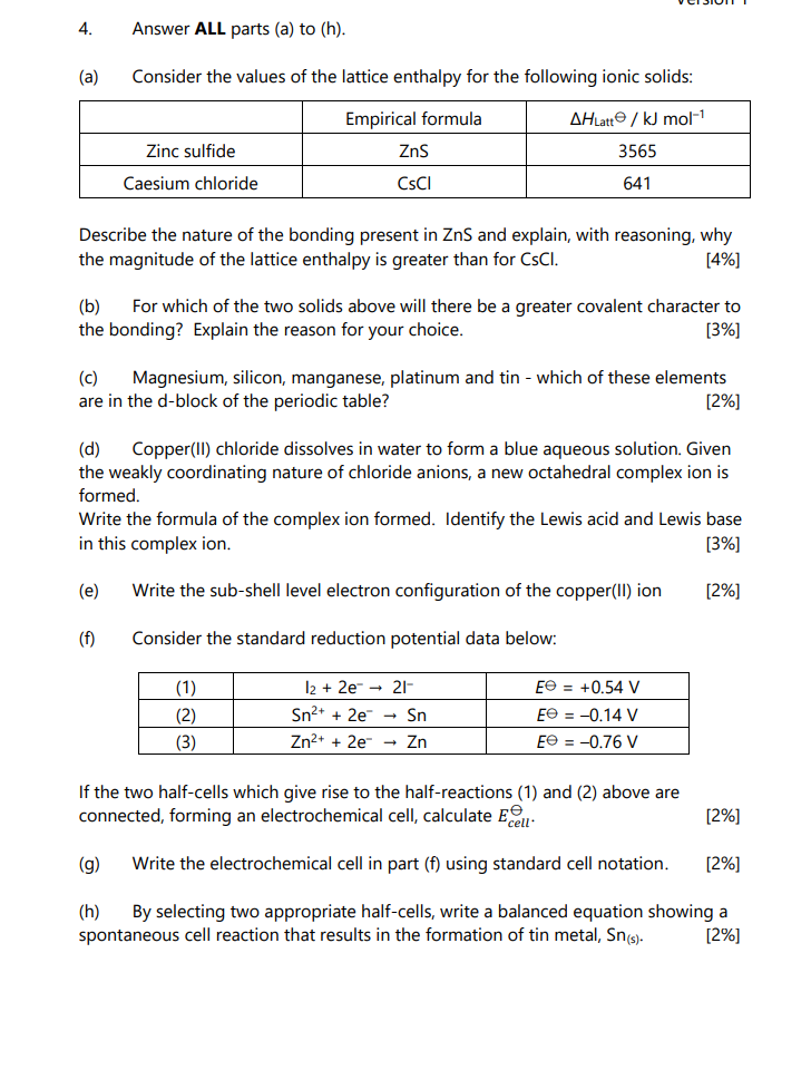 4 Answer All Parts A To H A Consider The Values Of The Lattice Enthalpy For The Following Ionic Solids Empirica 1