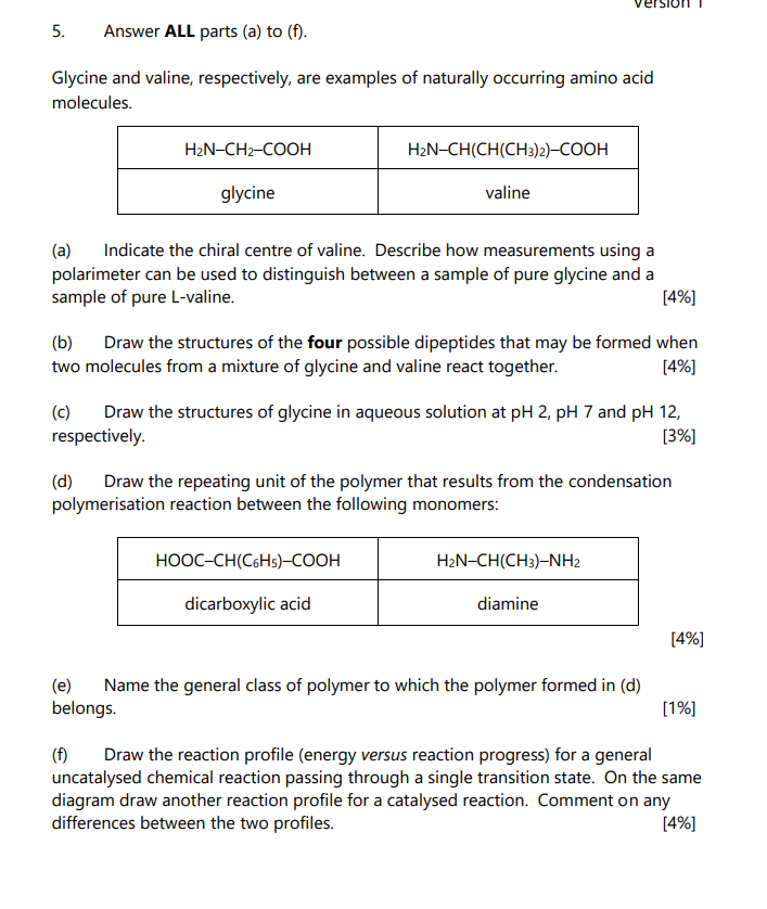 5 Answer All Parts A To F Glycine And Valine Respectively Are Examples Of Naturally Occurring Amino Acid Molecul 1