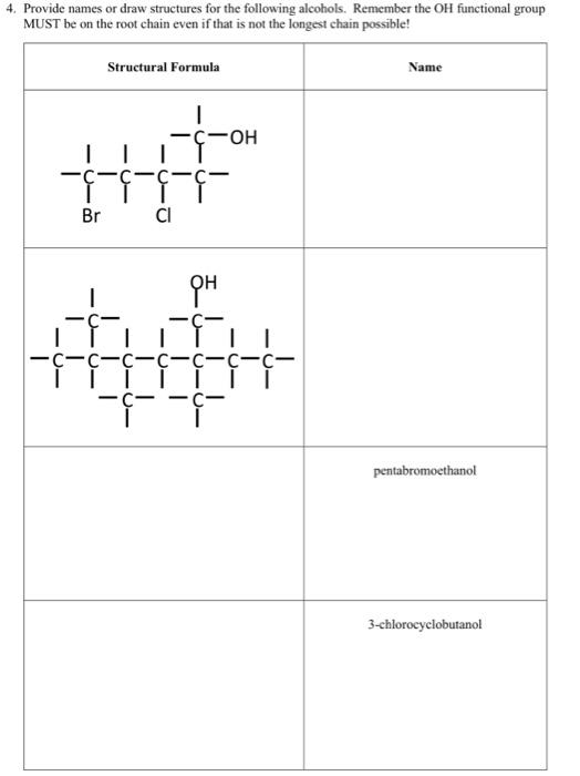4 Provide Names Or Draw Structures For The Following Alcohols Remember The Oh Functional Group Must Be On The Root Cha 1