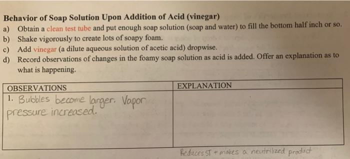 Behavior Of Soap Solution Upon Addition Of Acid Vinegar A Obtain A Clean Test Tube And Put Enough Soap Solution Soap 1