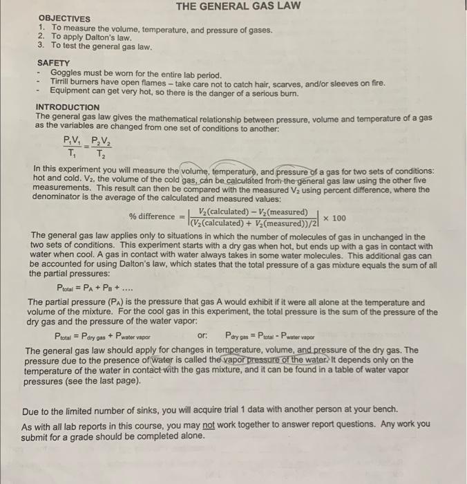 The General Gas Law Objectives 1 To Measure The Volume Temperature And Pressure Of Gases 2 To Apply Dalton S Law 3 1