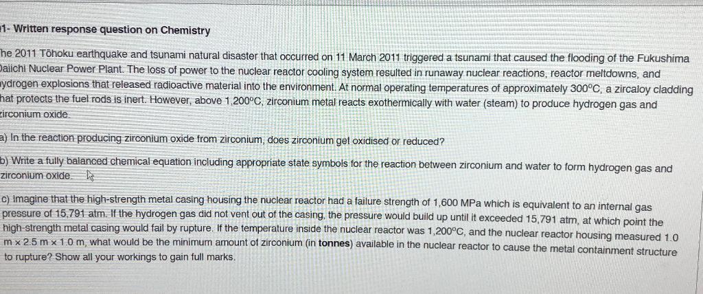 1 Written Response Question On Chemistry He 2011 Tohoku Earthquake And Tsunami Natural Disaster That Occurred On 11 Mar 1