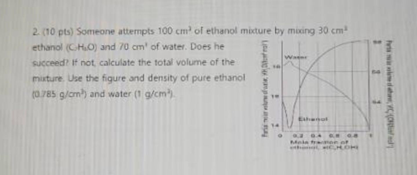 2 10 Pts Someone Attempts 100 Cm Of Ethanol Mixture By Mixing 30 Cm Waen Ethanol Cho And 70 Cm Of Water Does He 1
