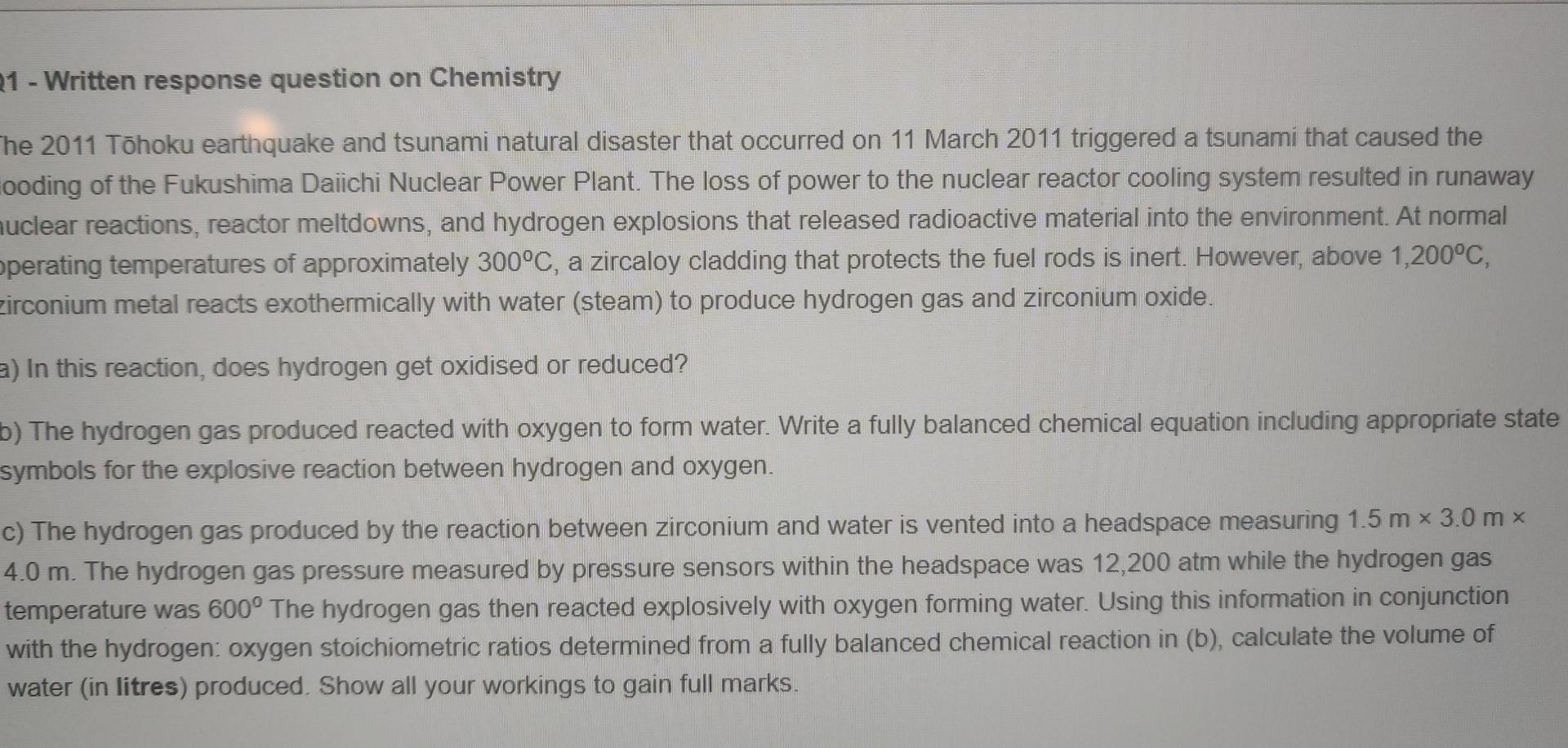 21 Written Response Question On Chemistry The 2011 Tohoku Earthquake And Tsunami Natural Disaster That Occurred On 11 1