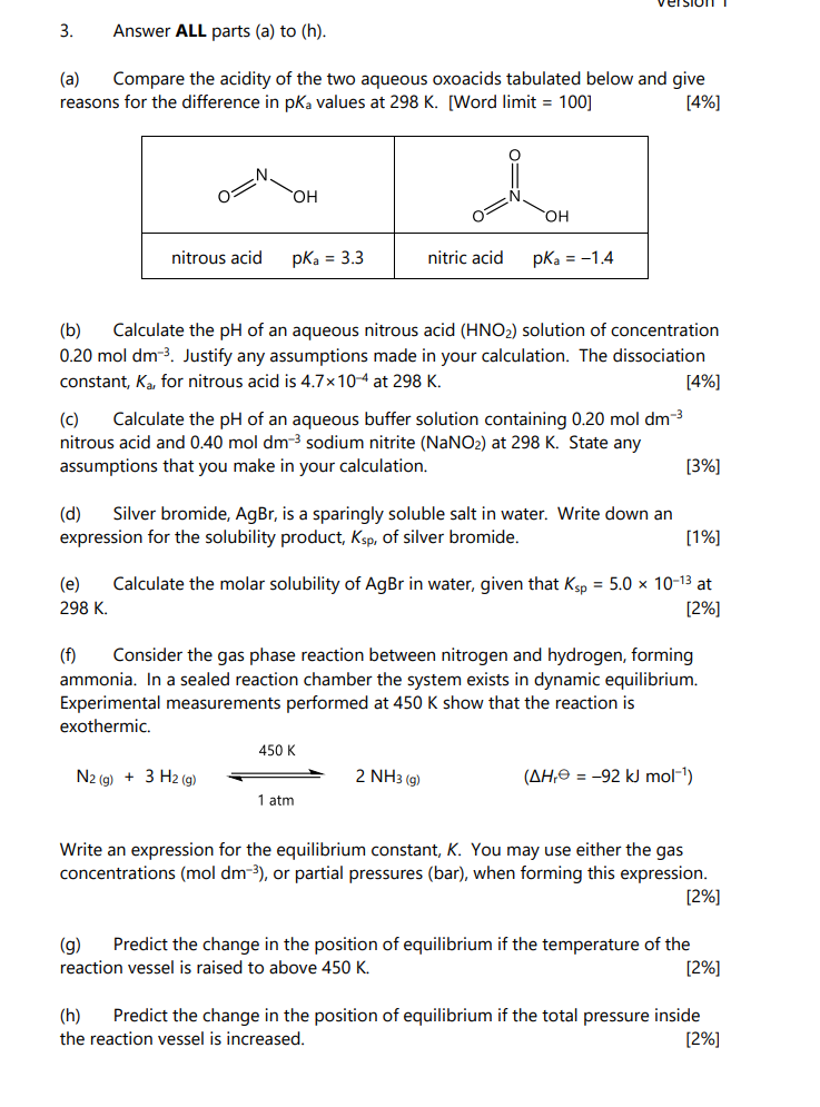 3 Answer All Parts A To H A Compare The Acidity Of The Two Aqueous Oxoacids Tabulated Below And Give Reasons For 1