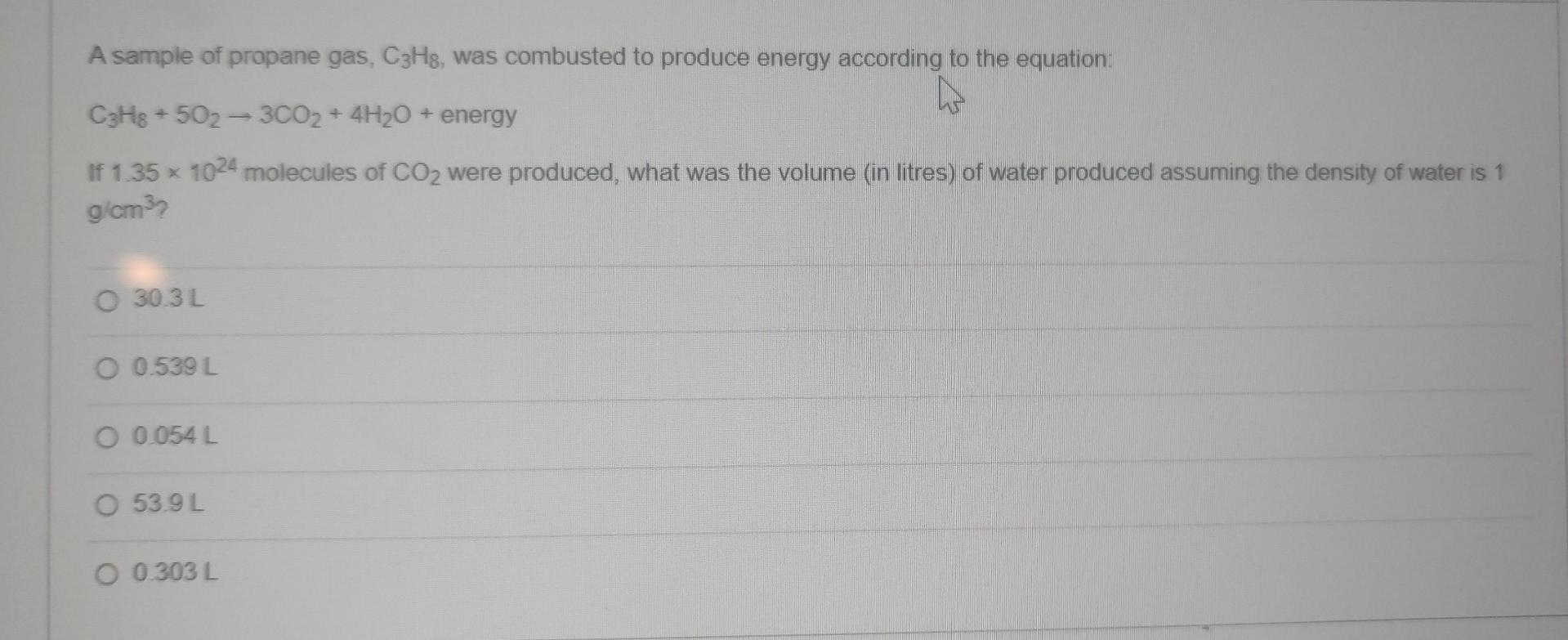 A Sample Of Propane Gas C3h8 Was Combusted To Produce Energy According To The Equation C3h8 502 3co 4h O Energy 1