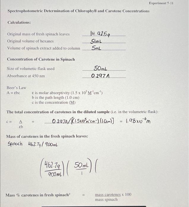 Spectrophotometric Determination Of Chlorophyll And Carotene Concentrations Calculations 14 9259 Original Mass Of Fresh 1