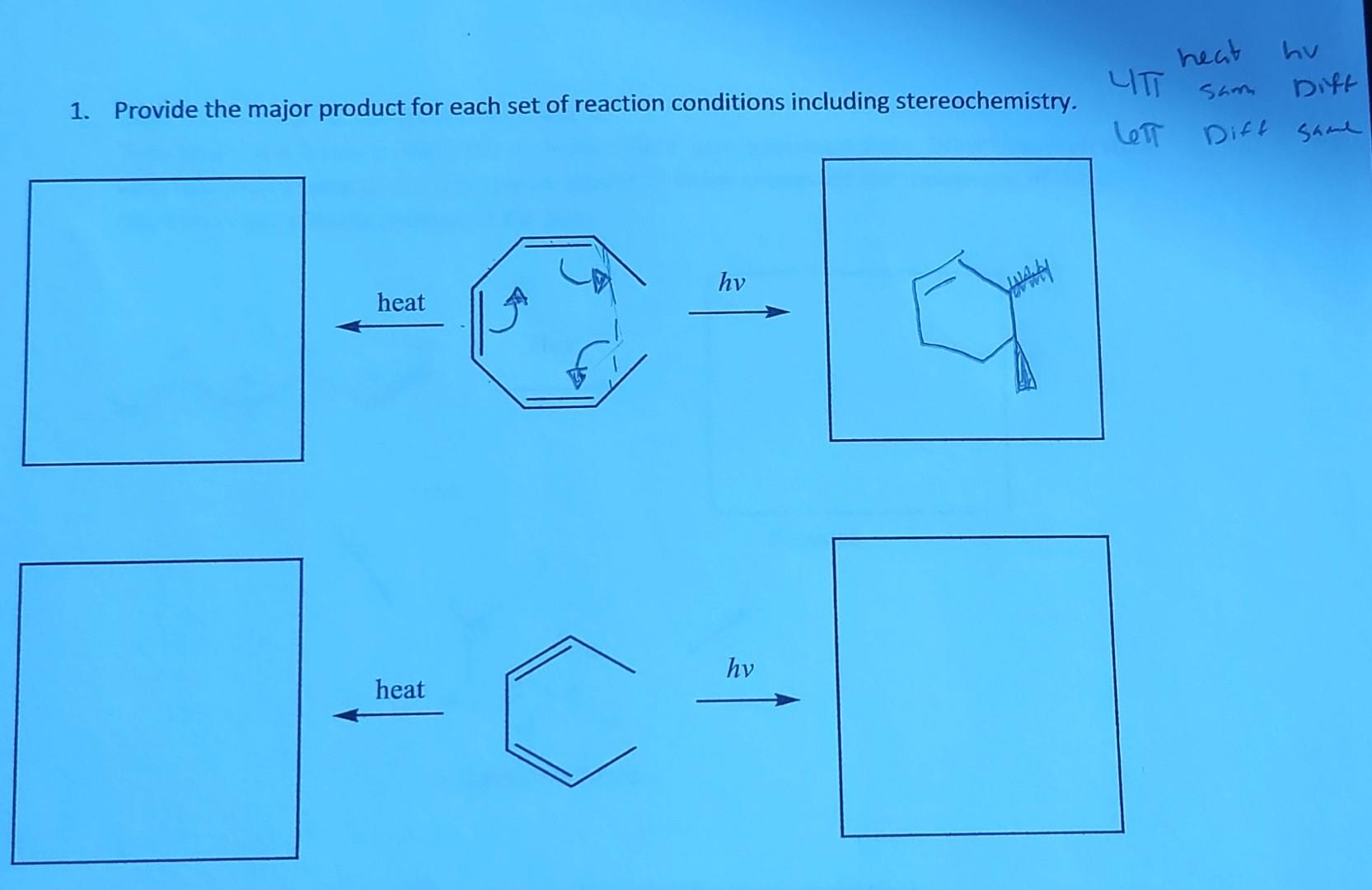 Litt 1 Provide The Major Product For Each Set Of Reaction Conditions Including Stereochemistry Hv Heat Heat Hy Hv Heat 1