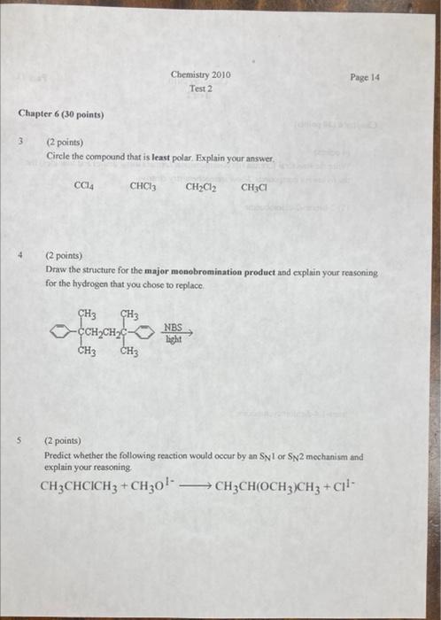 Chemistry 2010 Test 2 Page 14 Chapter 6 30 Points 3 2 Points Circle The Compound That Is Least Polar Explain Your A 1