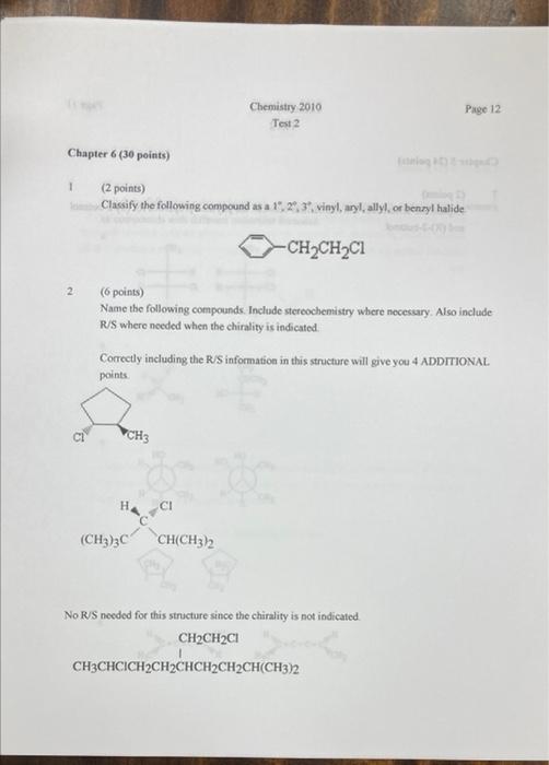 Chemistry 2010 Test 2 Chapter 6 30 Points 1 2 Points Classify The Following Compound As A 1 2 3 Vinyl Aryl Ally 1