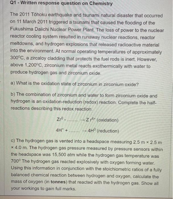 Q1 Written Response Question On Chemistry The 2011 Tohoku Earthquake And Tsunami Natural Disaster That Occurred On 11 1
