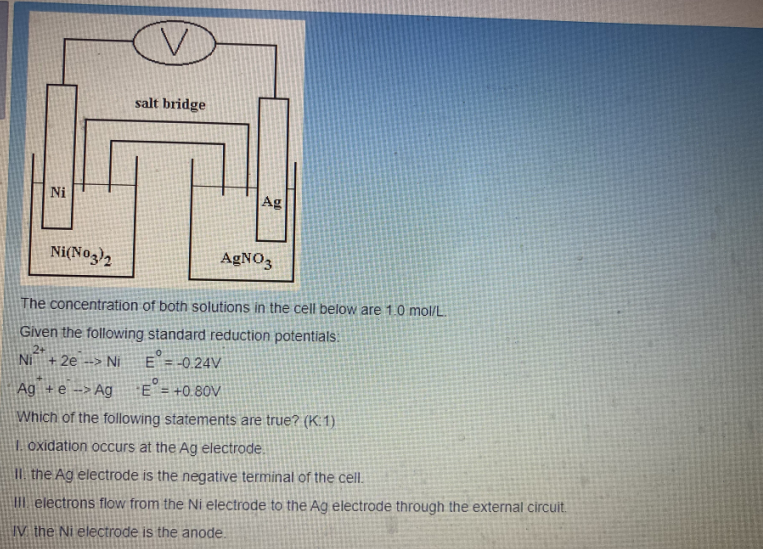 Salt Bridge Ni Ni No3 2 Agno3 The Concentration Of Both Solutions In The Cell Below Are 1 0 Mol L Given The Following S 1
