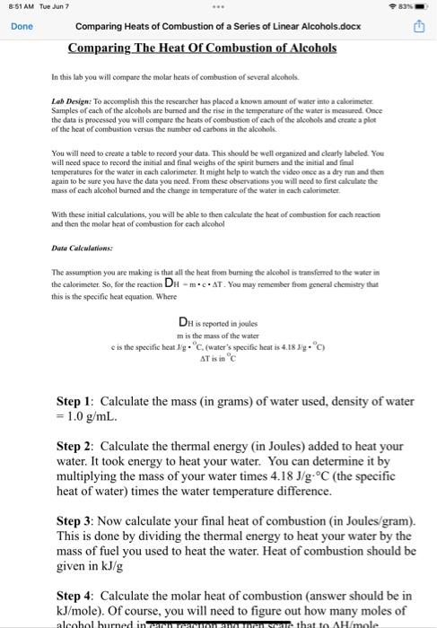 8 51 Am Tue Jun 7 Done 83 A Comparing Heats Of Combustion Of A Series Of Linear Alcohols Docx Comparing The Heat Of Com 1