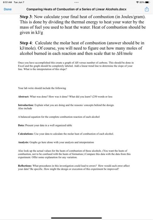 8 51 Am Tue Jun 7 Done 83 A Comparing Heats Of Combustion Of A Series Of Linear Alcohols Docx Comparing The Heat Of Com 2
