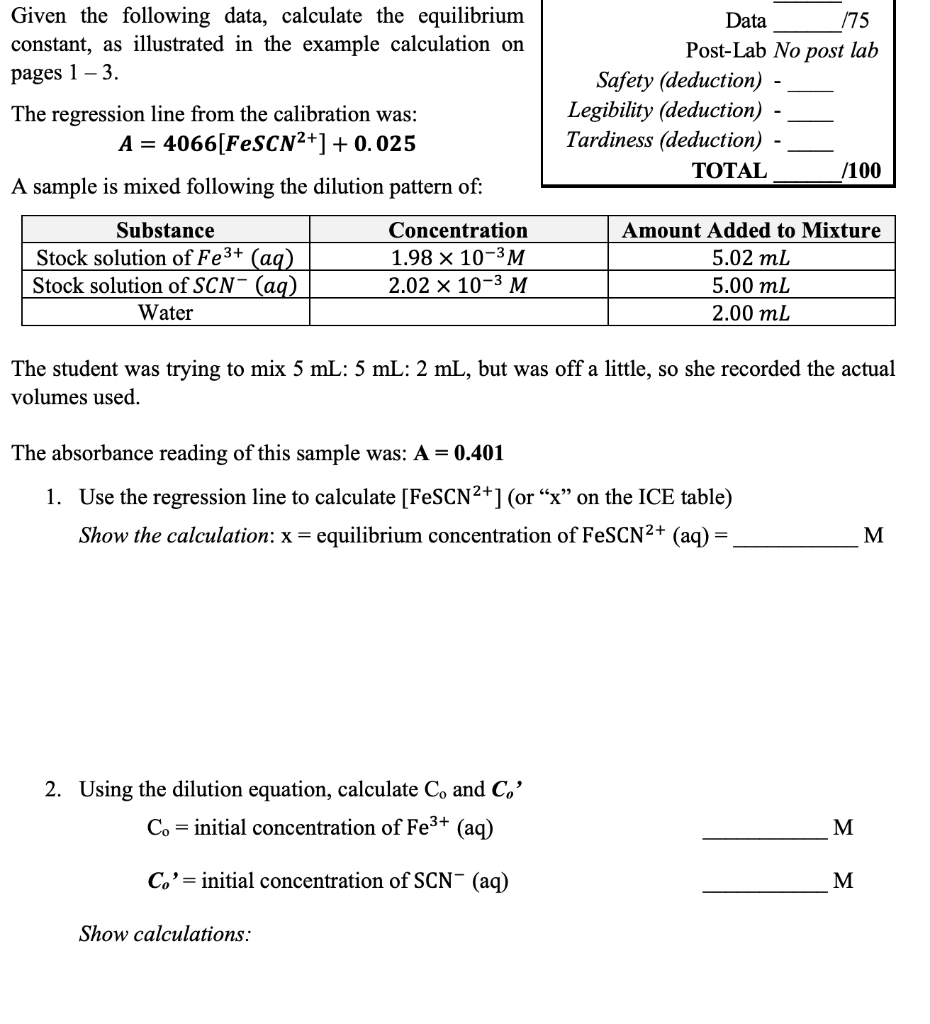 Given The Following Data Calculate The Equilibrium Constant As Illustrated In The Example Calculation On Pages 1 3 1