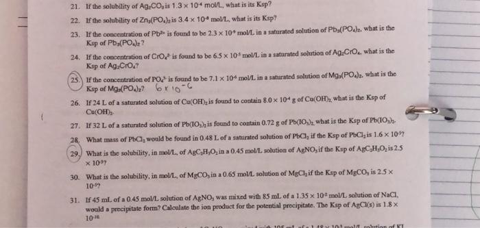 21 If The Solubility Of Ag Co Is 1 3 X 10 Mol L What Is Its Ksp 22 If The Solubility Of Zn Po Is 3 4 X 10 Mol L 1
