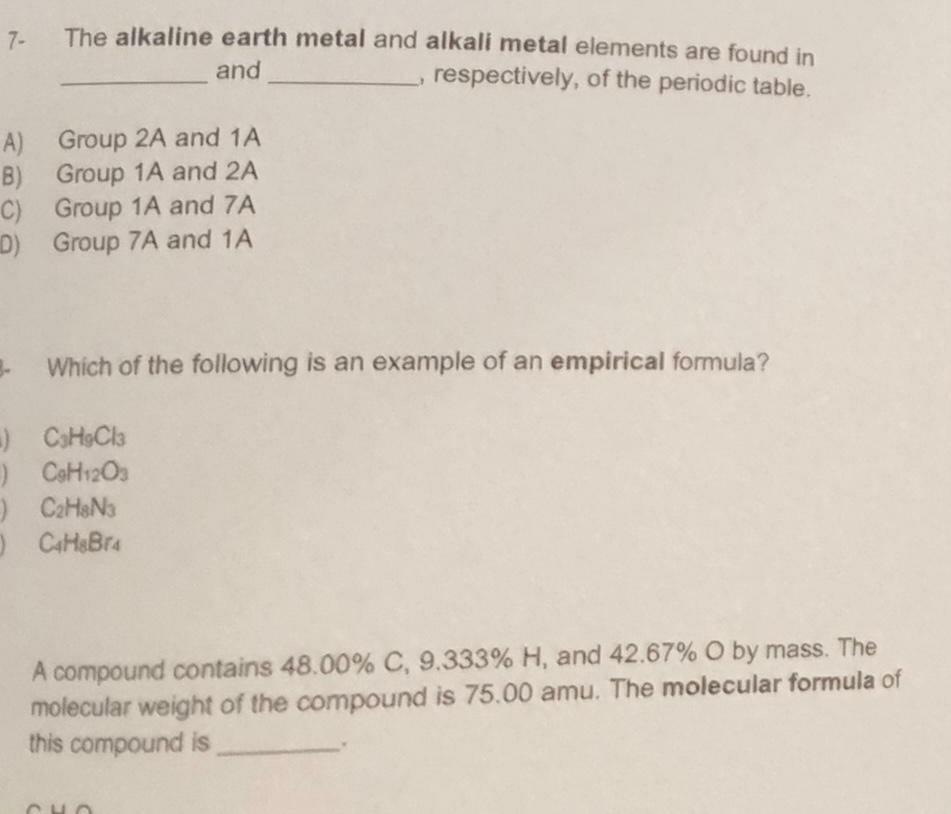 7 The Alkaline Earth Metal And Alkali Metal Elements Are Found In Respectively Of The Periodic Table And Group 2a And 1