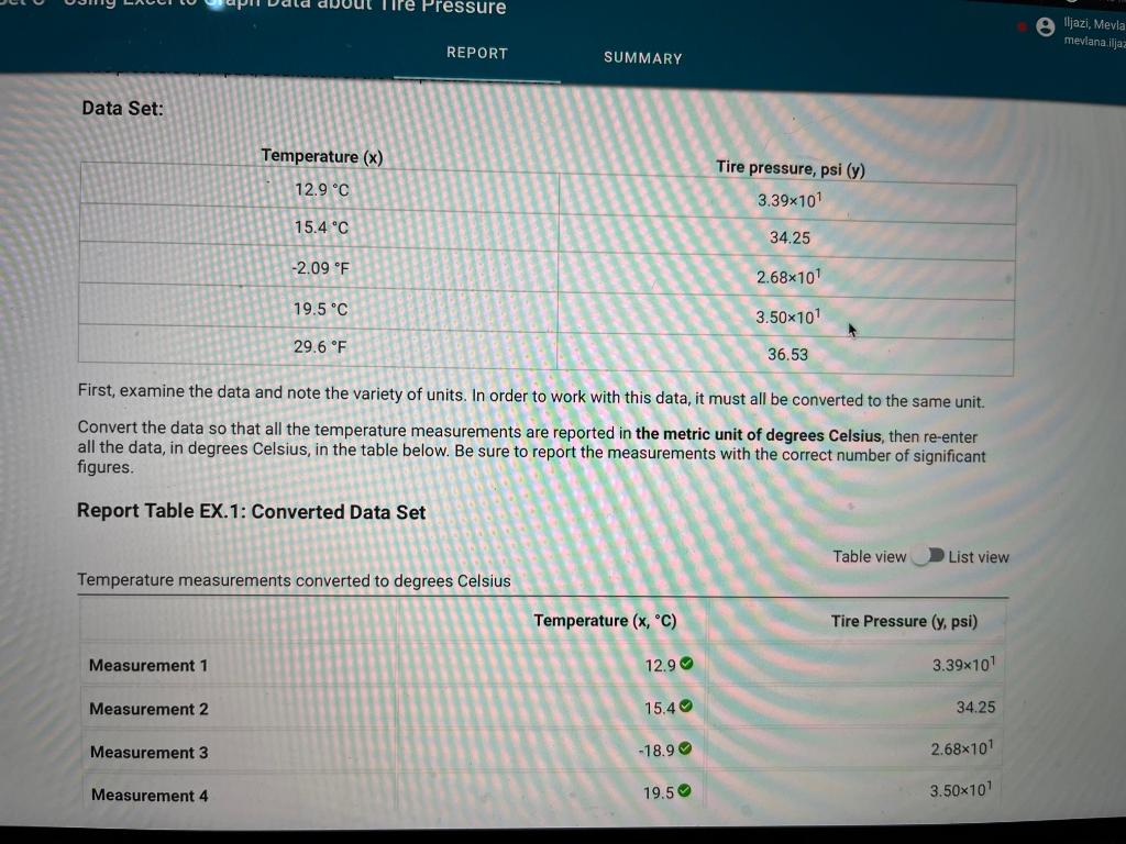 Out Tire Pressure Report Summary Data Set Temperature X Tire Pressure Psi Y 12 9 C 3 39 10 15 4 C 34 25 2 09 1