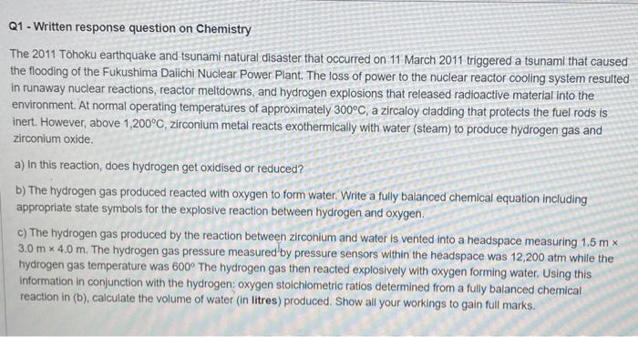 Q1 Written Response Question On Chemistry The 2011 Tohoku Earthquake And Tsunami Natural Disaster That Occurred On 11 1