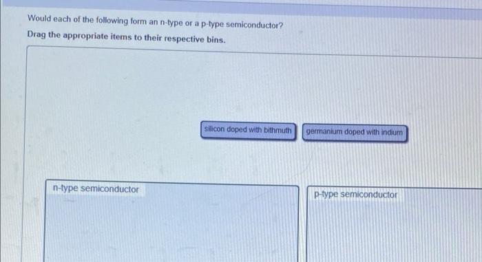 Would Each Of The Following Form An N Type Or A P Type Semiconductor Drag The Appropriate Items To Their Respective Bin 1