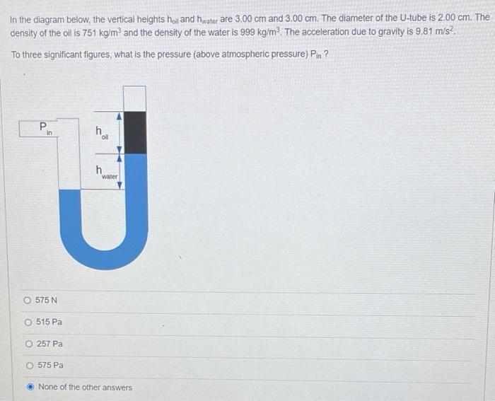 In The Diagram Below The Vertical Heights Holl And Hwater Are 3 00 Cm And 3 00 Cm The Diameter Of The U Tube Is 2 00 C 1