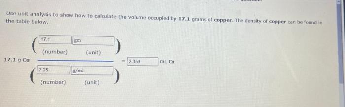 Use Unit Analysis To Show How To Calculate The Volume Occupied By 17 1 Grams Of Copper The Density Of Copper Can Be Fou 1
