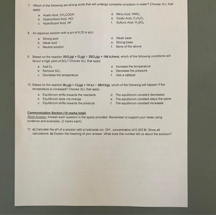 7 Which Of The Following Are Strong Acids That Will Undergo Complete Ionization In Water Choose All That Apply A Ace 1
