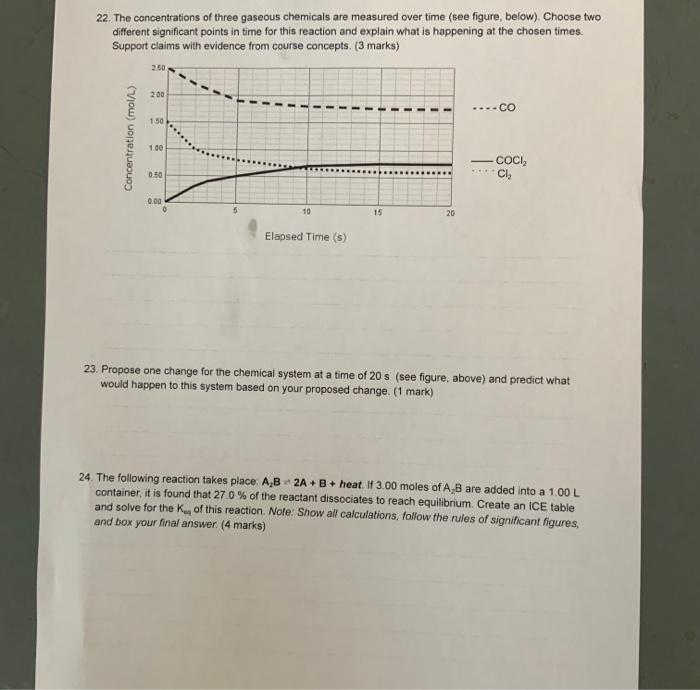 22 The Concentrations Of Three Gaseous Chemicals Are Measured Over Time See Figure Below Choose Two Different Signi 1
