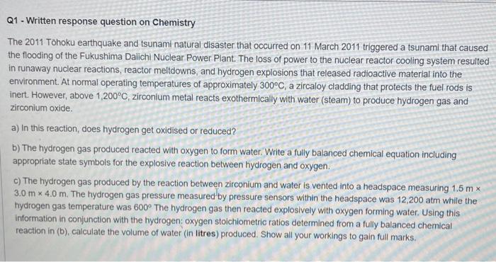 Q1 Written Response Question On Chemistry The 2011 Tohoku Earthquake And Tsunami Natural Disaster That Occurred On 11 1