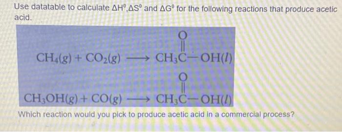 Use Datatable To Calculate Ah As And Ag For The Following Reactions That Produce Acetic Acid I Ch4 G Co2 G Ch3c 1