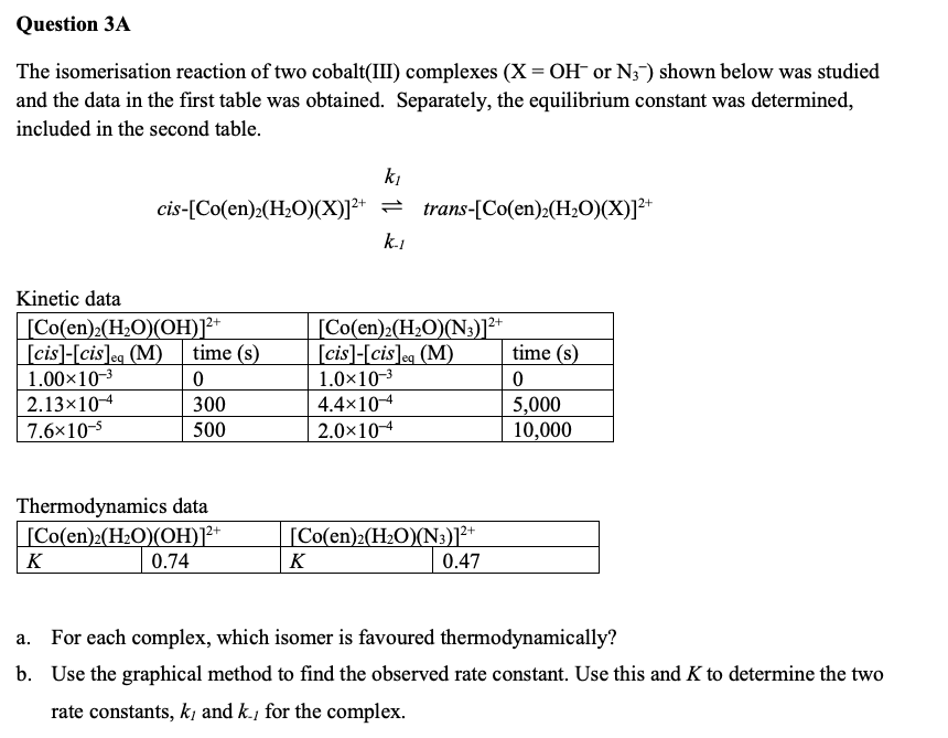 Question 3a The Isomerisation Reaction Of Two Cobalt Iii Complexes X Oh Or N3 Shown Below Was Studied And The Data 1