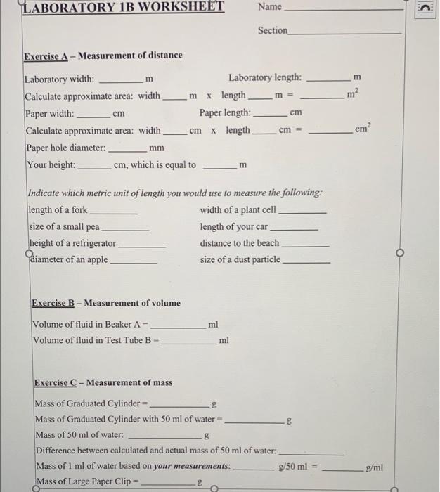 Laboratory 1b Worksheet Exercise A Measurement Of Distance Laboratory Width M Calculate Approximate Area Width M X 1
