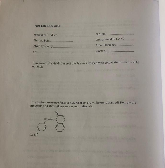Pre Lab 15 Acid Orange Name Fill In The Reagents Table Below Substance Sulfanilic Acid 2 Naphthol Mass G Mw G Mol 2