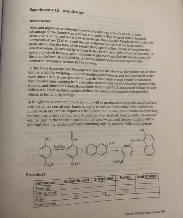 Pre Lab 15 Acid Orange Name Fill In The Reagents Table Below Substance Sulfanilic Acid 2 Naphthol Mass G Mw G Mol 3