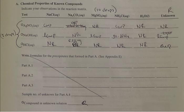 A Chemical Properties Of Known Compounds Indicate Your Observations In The Reaction Matrix Test Nacl Aq Na Co Aq Nh 1
