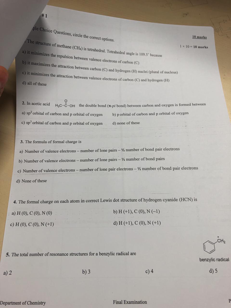 1 Ple Choice Questions Circle The Correct Options 10 Marks The Structure Of Methane Ch4 Is Tetrahedral Tetrahedra 1